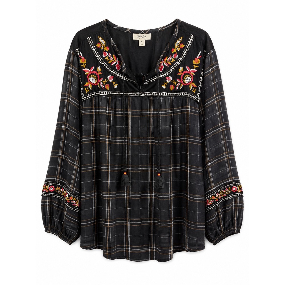 Style & Co Blouse Womens XL Plaid Embroidered‎ Boho Peasant Tassel Velvet Top